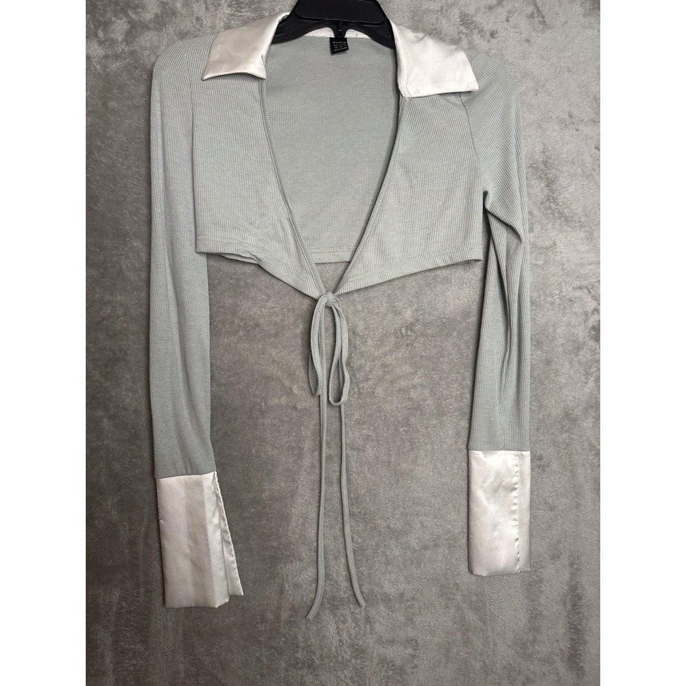 SHEIN XS Ribbed Tie Front‎ Bolero Top Satin Collar Y2K Coquette Cropped Cardigan